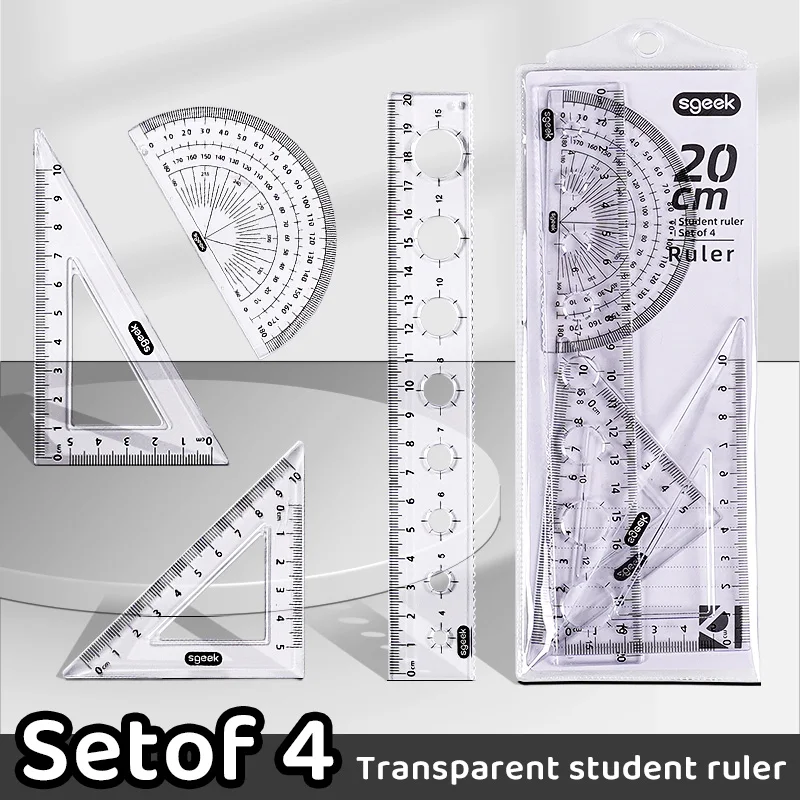20 cm Straightedge Set, Multifunctional 4-Piece Ruler Set with Pocket Design for Easy Storage and Carrying