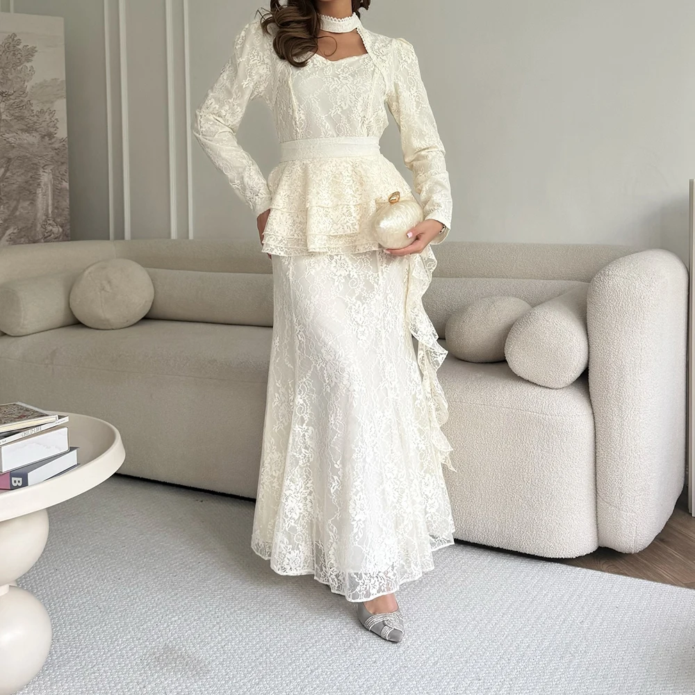 

Customized A-line Evening Dresses Ankle-length High-neck Full Sleeve Prom Gown Simple Fashion Lace Draped Casual Party Gown