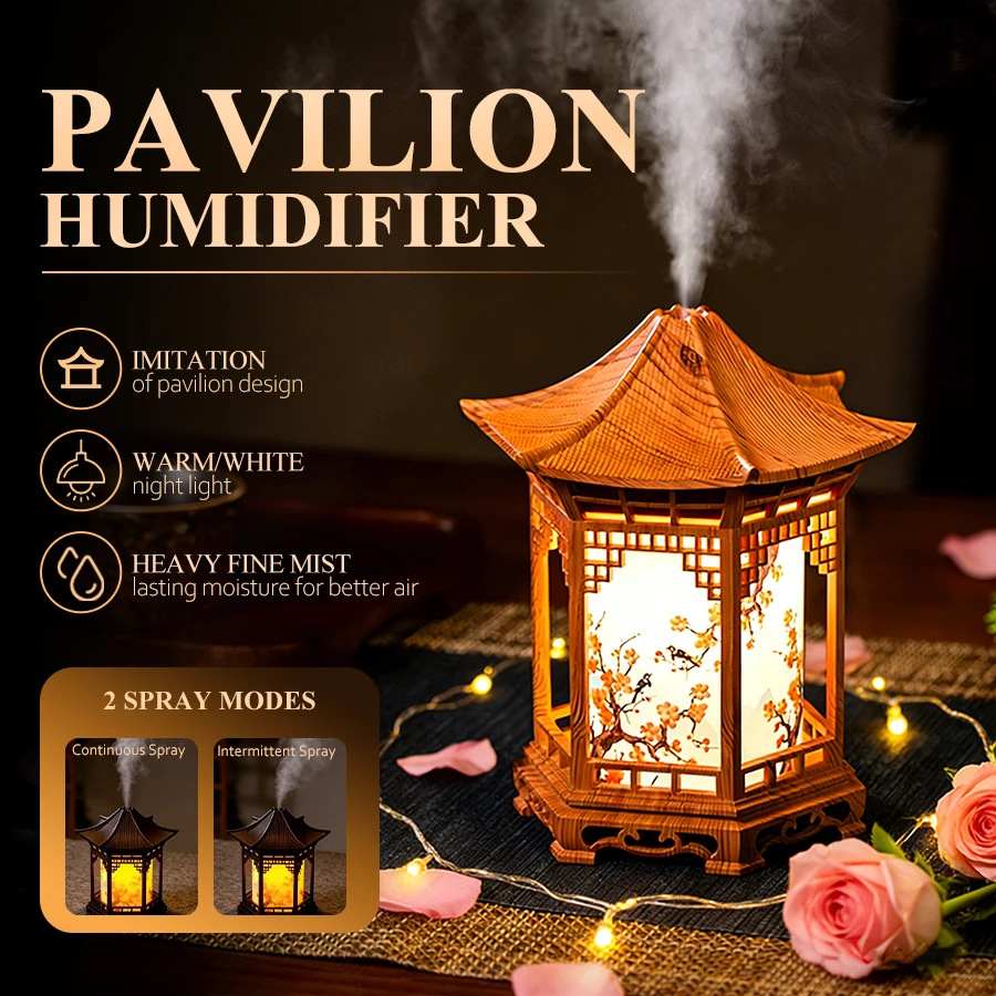 Humidificateur d'air alimenté par USB, décor asiatique moderne, mini humidificateur, 2 modes de pulvérisation, modes continu/brume, cadeau romantique idéal.