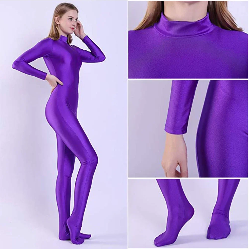 Aoylisey Vrouwen Spandex Full Body Zentai Footed Unitards Jumpsuit Lange Mouwen Bodysuit Meisjes Catsuit Skin Strak Halloween Kostuum