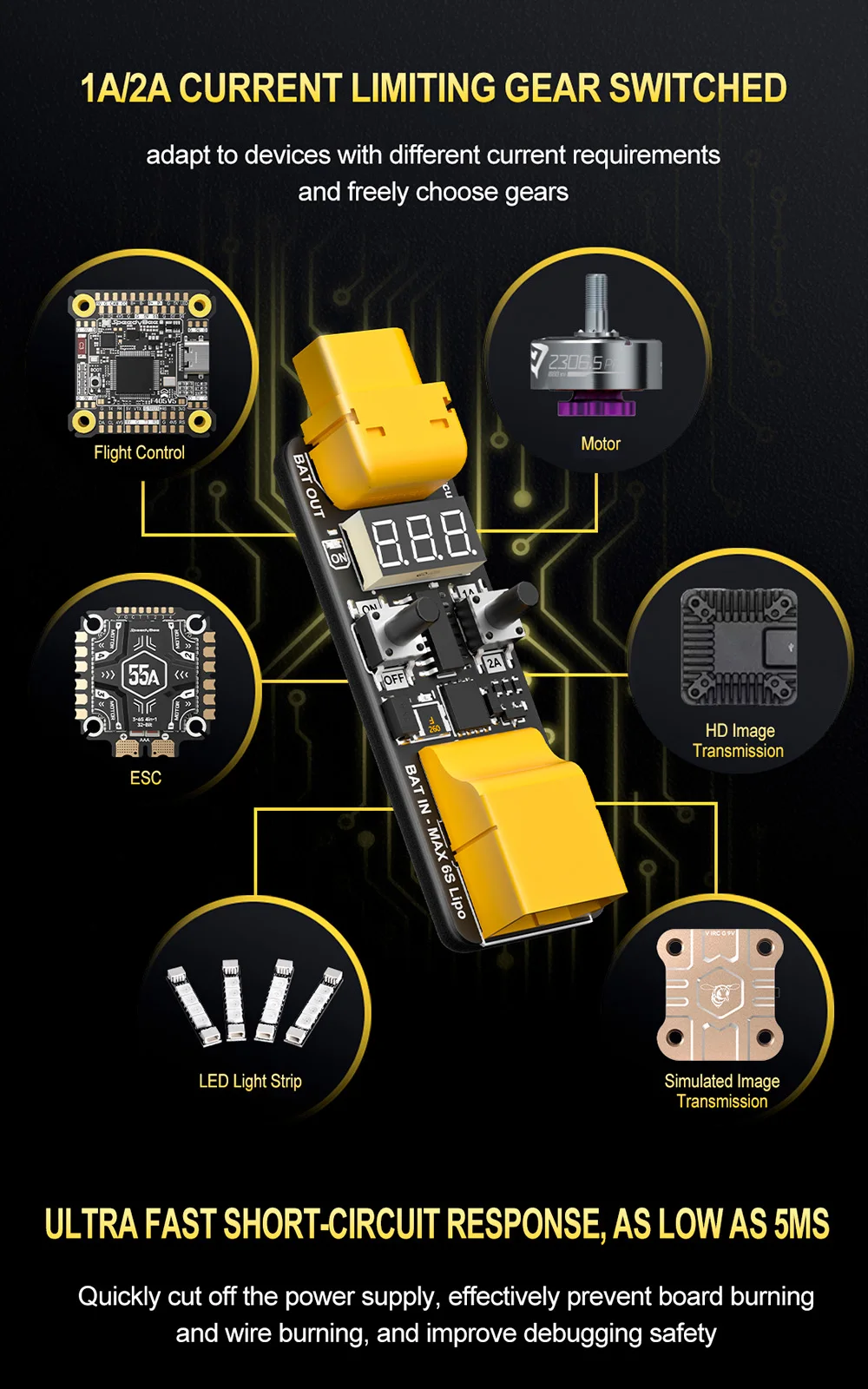 SpeedyBee Anti Short Circuit Module 4-6S 1A/2A  Current Limiting Digital Display Short-Circuit Protection Tool For Flight Stack