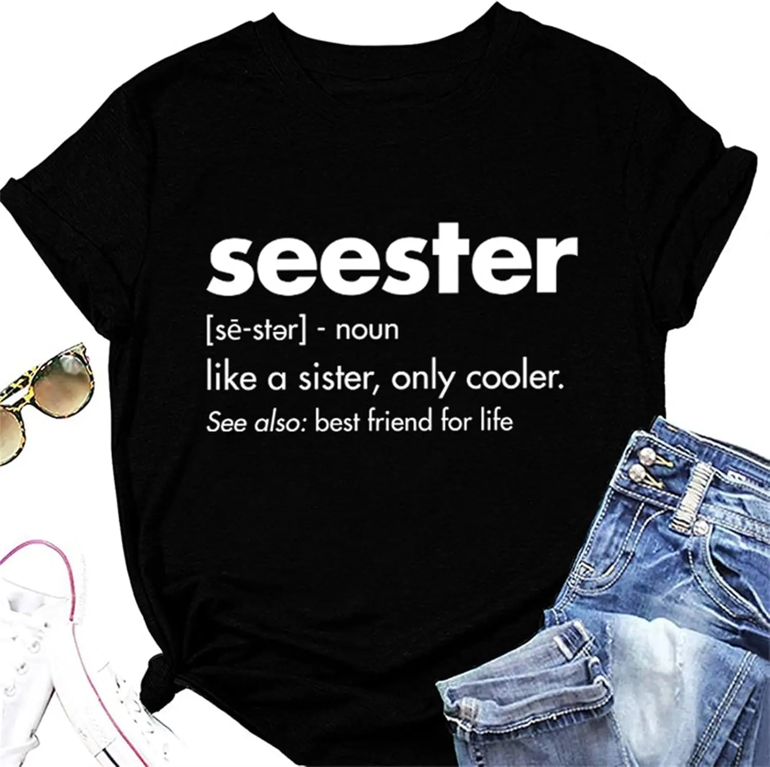 Womens Seester T-Shirt Short Sleeve Workout Shirts Summer Casual Letters Cute Graphic Tee Friendship Sister Gift Tops