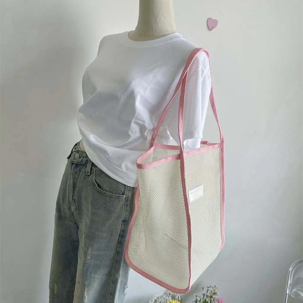 

Breathable Mesh Tote Bag Large Capycity Fluorescence Color Beach Grid Handbag Portable Nylon Hollow Out Shoulder Pouch Shopping