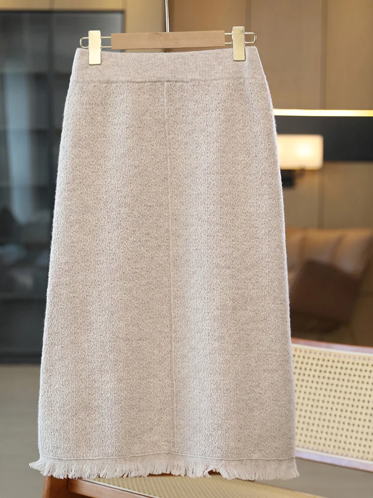 TLOML Chic Women's 100% Merino Wool Tassel Skirt Central Line Solid Skirts Autumn Winter Cashmere Soft Warm Comfy Elegant Skirts