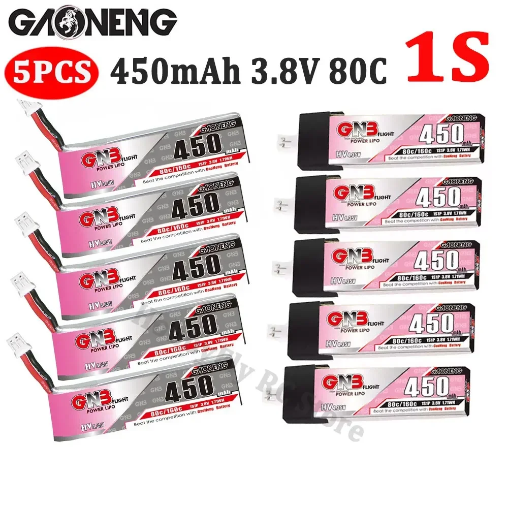 5PCS GAONENG GNB 1S 450mAh 3.8V 80C Max160C HV Lipo battery With PH2.0 / GNB27 Plug Connector for Mini Quads FPV Drone