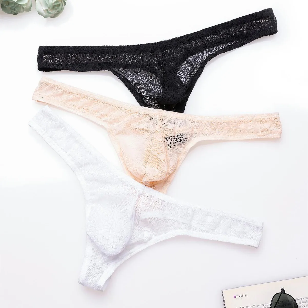 

Men's Lace Sheer Thongs Thin Transparent Sexy T-Back Underwear Breathable Mesh Alluring Sissy Intimate G-string for Young Adults