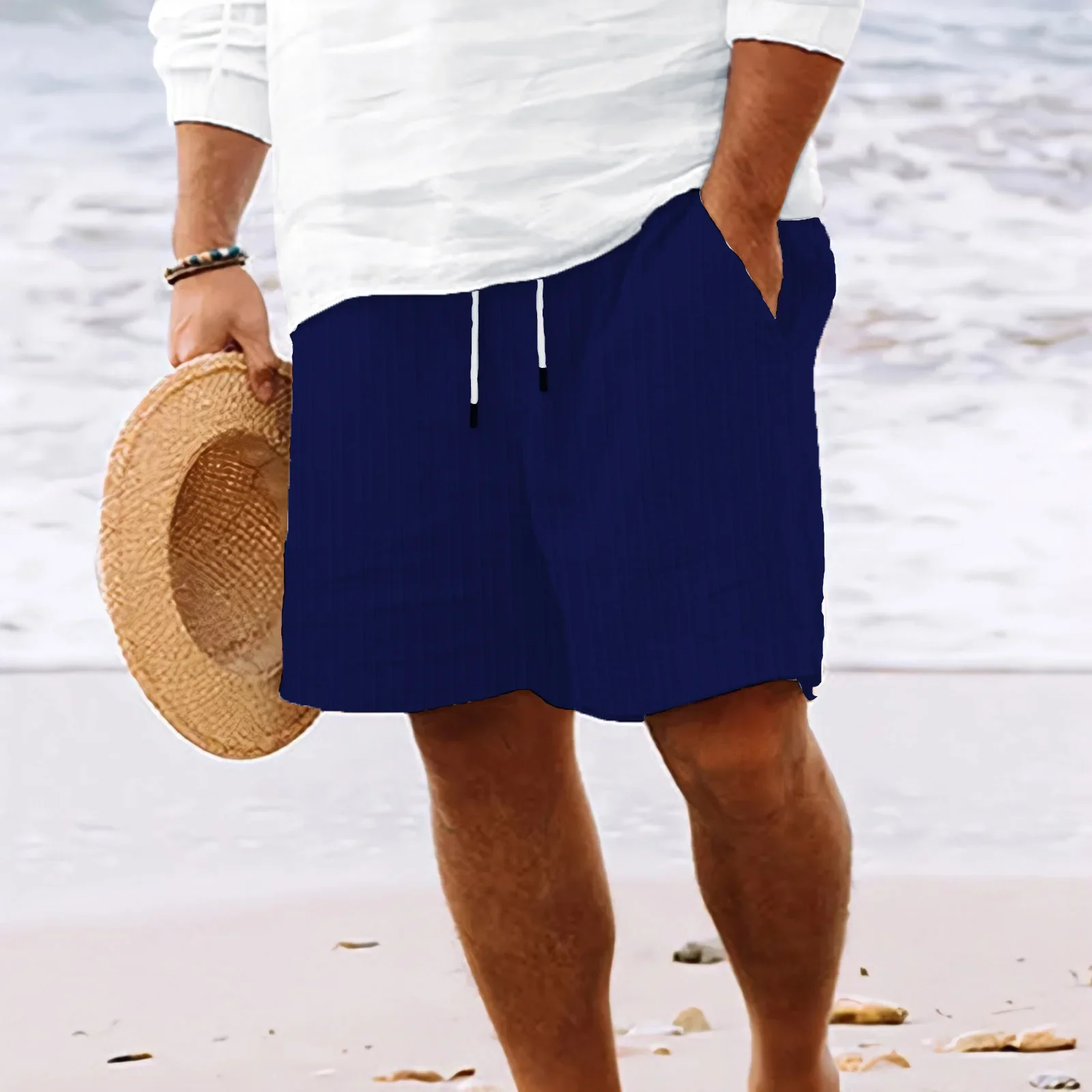 Celana Pendek Nyaman Ringan Kasual Tertambat Banyak Saku Bergaris Warna Polos Gaya Pantai Hawaii Pria Fashion Baru Musim Panas