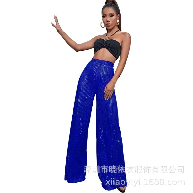 New Women's Solid Color Wide-leg Pants Casual Fashion Elegant Black Sequins Holiday For Women Long Pant Womens Clothing
