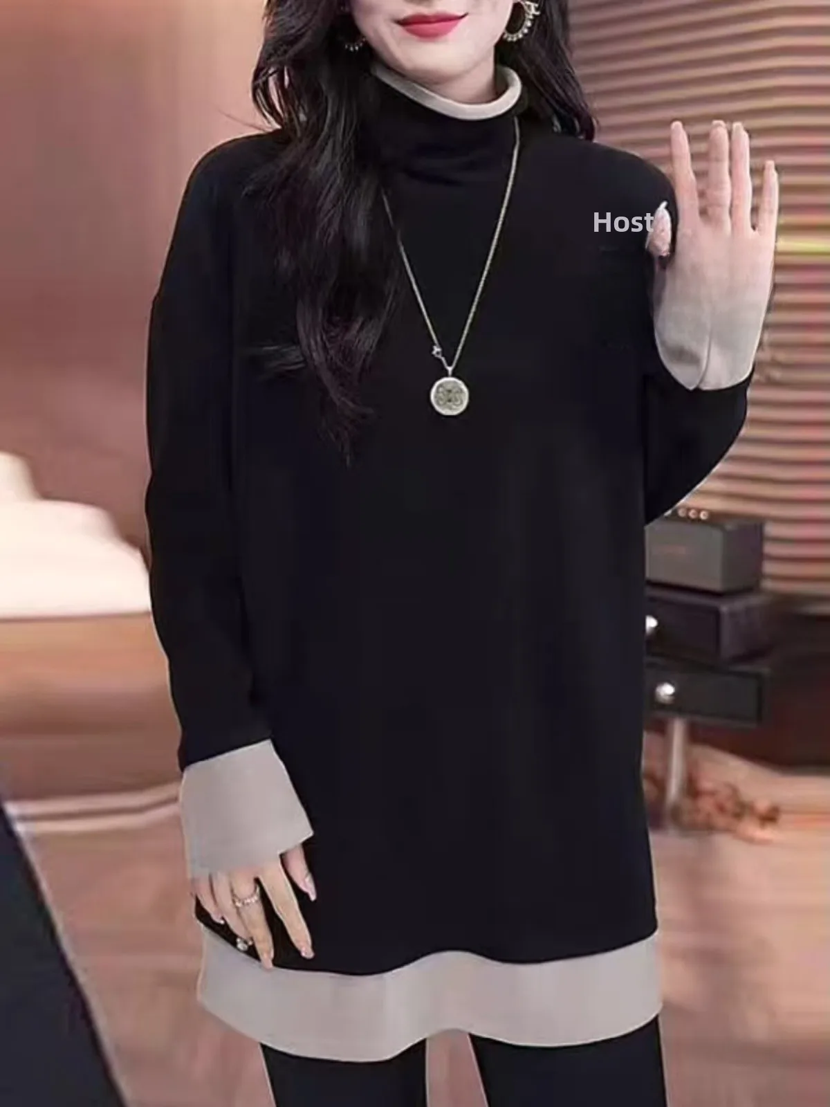 plus Size Women's High Collar Long Sleeve T-Shirt Color Block Base Layer Shirt Slimming Butt Covering Autumn New Style