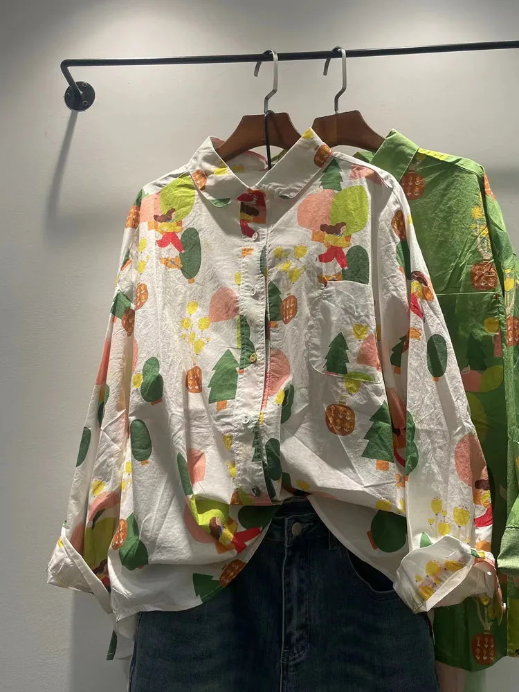 

Loose Long Sve Women's irt Autumn New Sle Korean Version Print Turn-down Collar Single Button Faionable Top