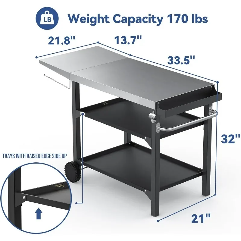 Movable Outdoor Dining Cart Table,Three-Shelf Stainless Steel BBQ Grill Cart,Multifunctional Food  Worktable