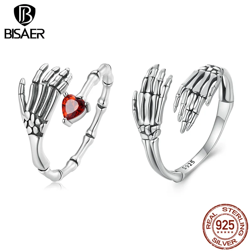 

BISAER 925 Sterling Silver Skull Hand Open Ring Vintage Punk Gothic Skeleton Band Adjustable Size for Women Party Fine Jewelry