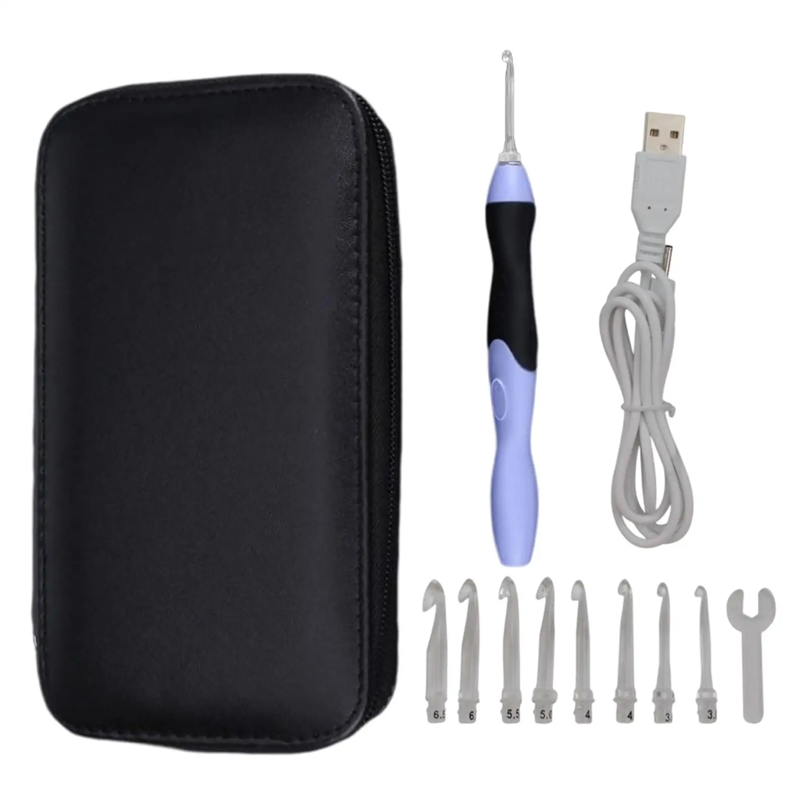 

Illuminated crochet hook set with 9 interchangeable crochet hooks with case