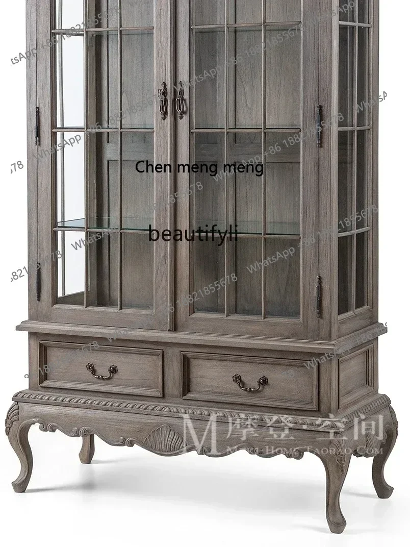 ตู้เก็บไวน์ไม้โอ๊คโบราณสไตล์อเมริกันแบบย้อนยุค ประตูกระจกคู่ทรงโค้ง สำหรับห้องนั่งเล่น ตู้ข้างโต๊ะอาหาร