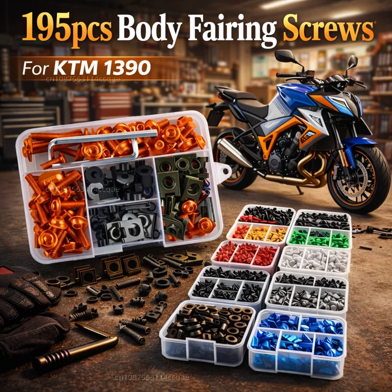 195-teiliges Motorrad-Verkleidungsschrauben-Set mit Muttern für KTM 1390 Super Adventure 1390 Super Duke R 2023+ Kit Aluminium CNC-Befestigungselemente