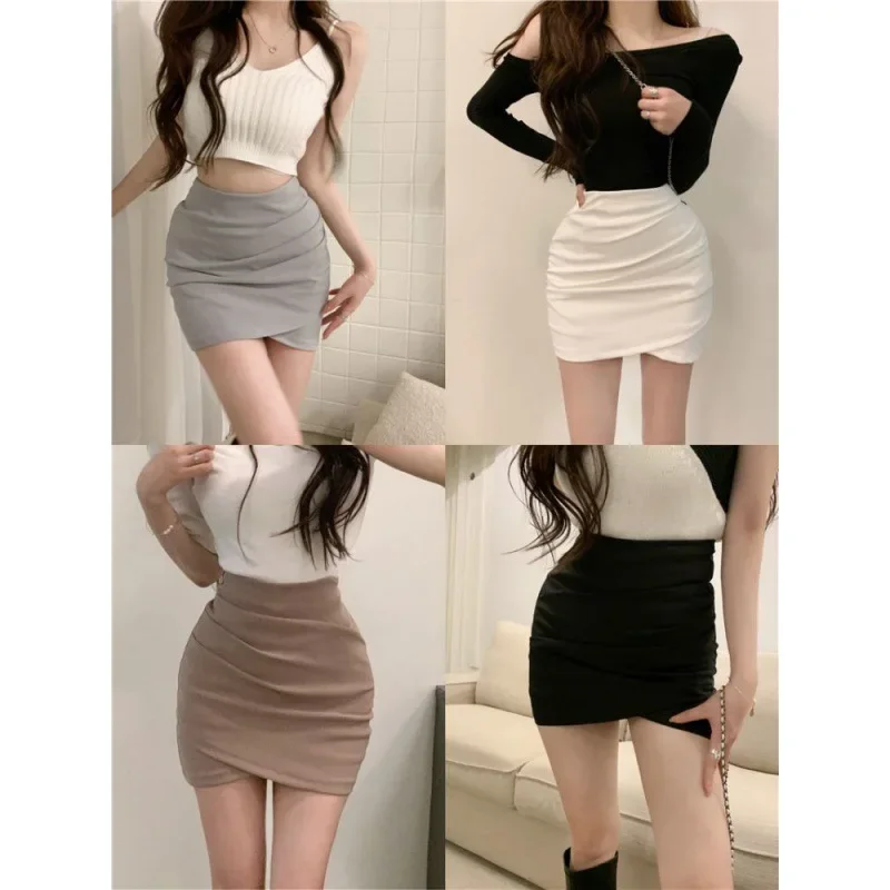 

Korean Fashion Mini Skirt Women Solid High Waist Irregular Folds Hip Wrap Pencil Skirt Ladies Sexy Slim Short Skirts