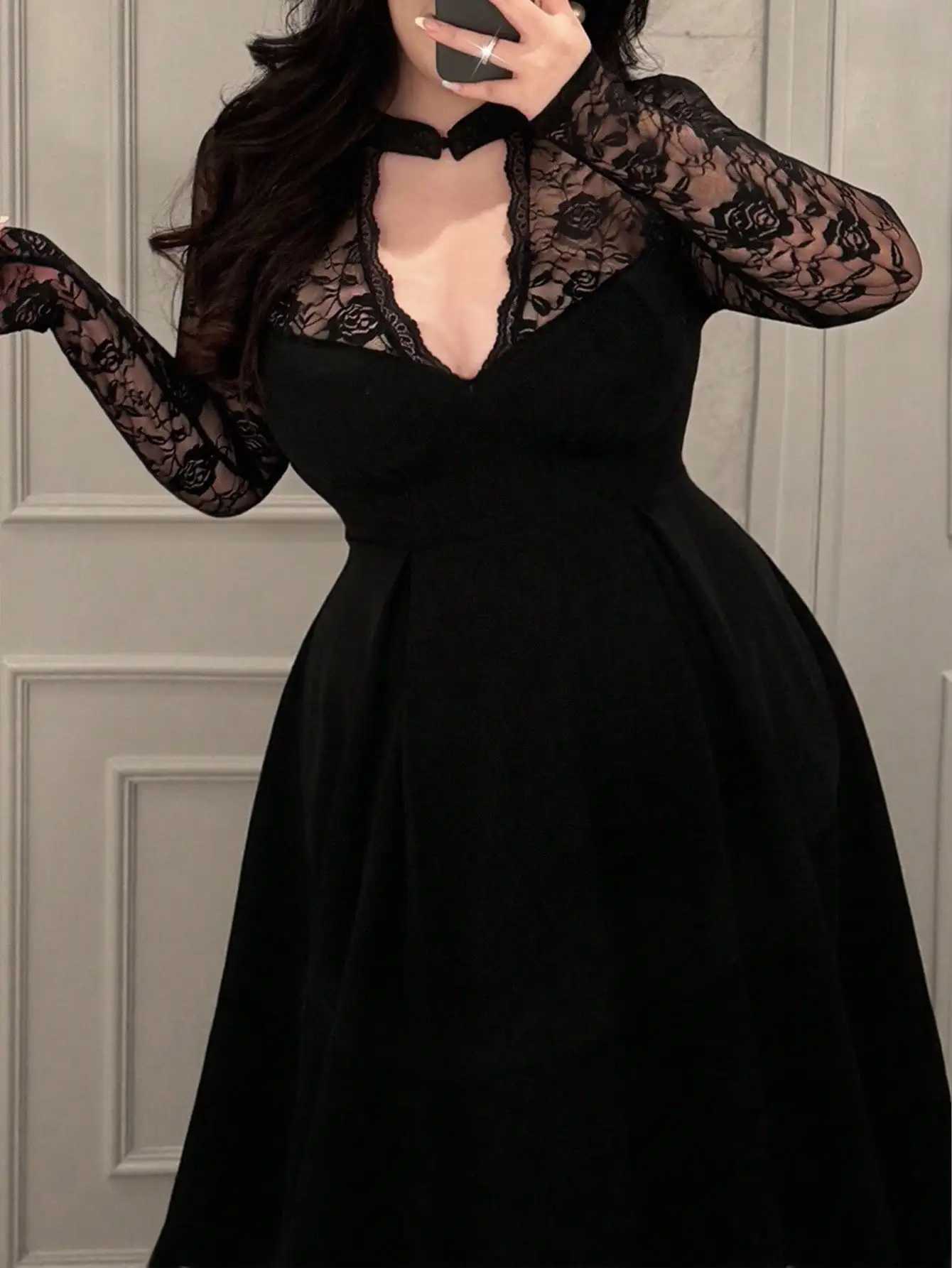 

Черное кружевное платье миди с V-образным вырезом и длинными рукавами, А-силуэт, для вечеринок, свиданий и торжественных мероприятий