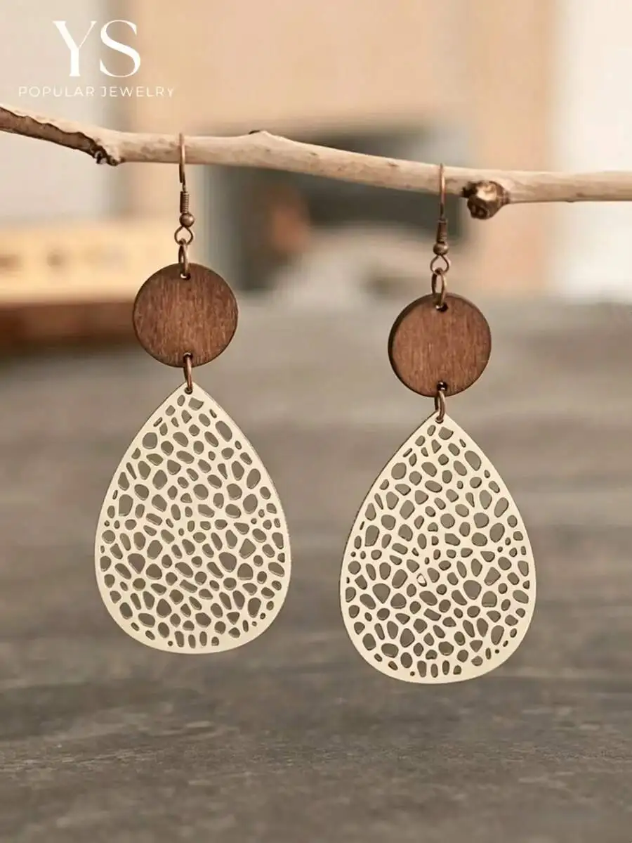 Fashionable Teardrop Hollow Wooden Boho Earrings