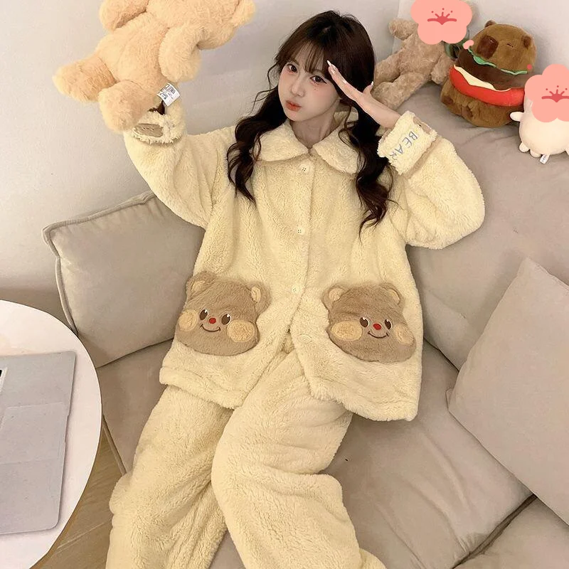 

Women's pajamas Comfortable Sleepwear Cotton Pajama Set winter autumn Coral Fleece Flannel Cute Bear Home Suit Thick Warm