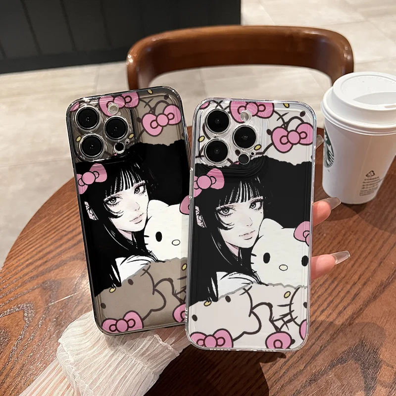 Sanrio Hello Kitty Black Hair Belle KT Phone Case For iPhone 16 15 14 13 12 11Pro Max 7 8Plus XR XS