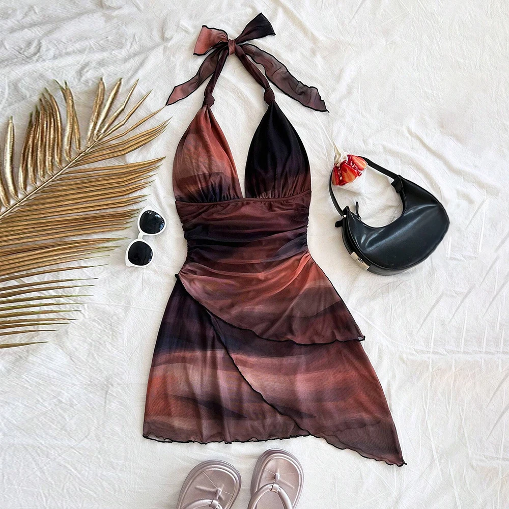 Vestidos Primavera Verano Moda Sexy Bowknot Sin Mangas Halter Cuello Mini Vacaciones Cami Vestidos Para Mujeres