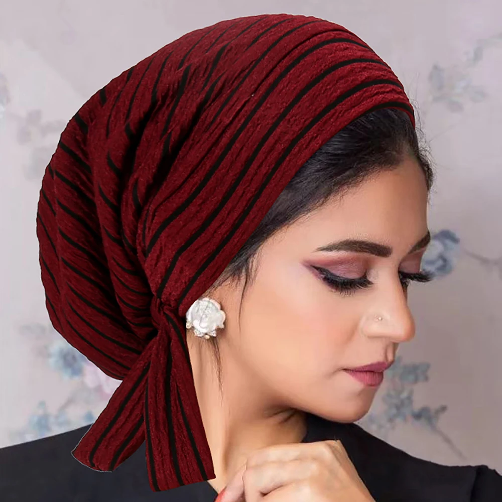 New Stripe Musulmano Turbante Cappello Abaya Hijab Per La Donna Islamico Underscarf Cravatta Posteriore Abaya Jersey Turbine Instant Head Wrap Caps