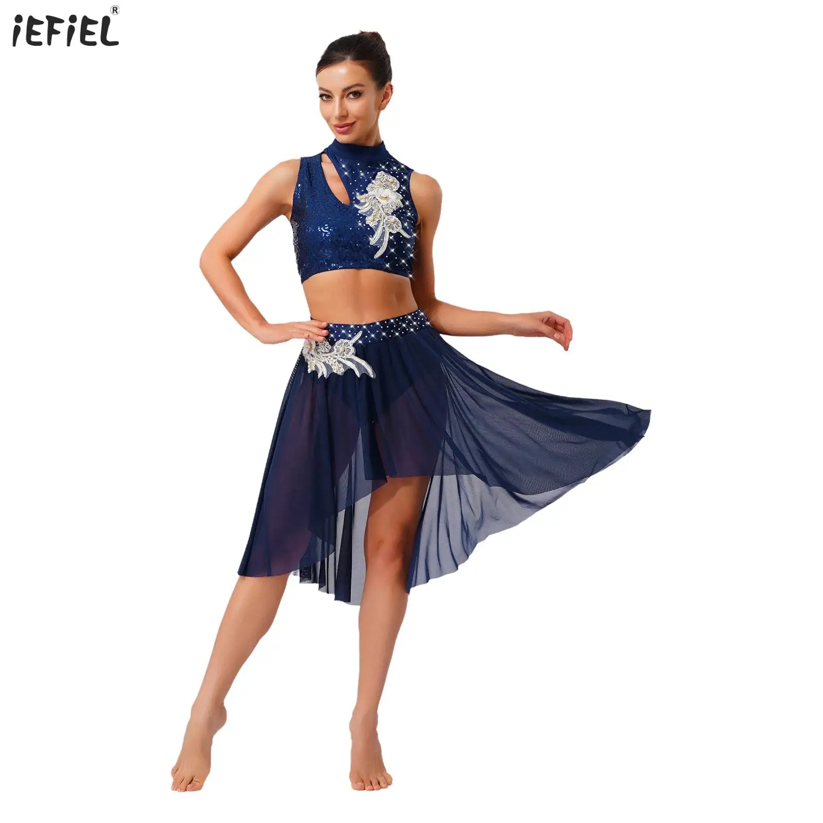 

Womens Lyrical Dance Outfits 2-piece Embroidery Applique Sleeveless Hollow Out Crop Top+Mesh Hem Briefs Skirt Set Dancewear
