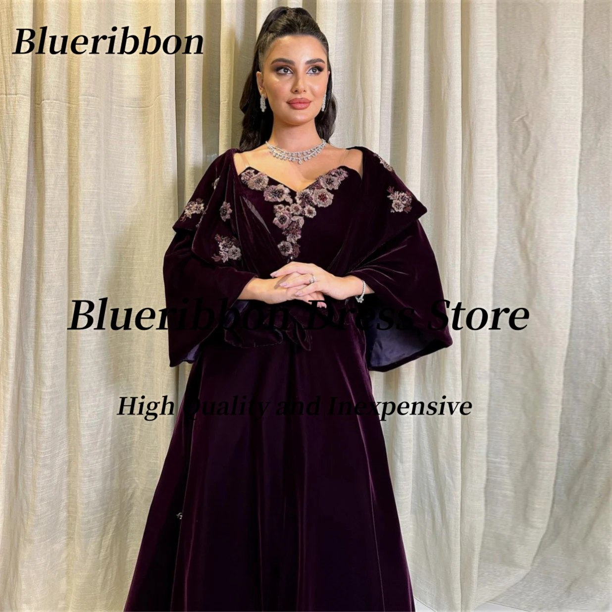 Blueribbon-فساتين A Line من القطيفة الناعمة للنساء ، الحفلات المسائية ، مزينة بالخرز على شكل قلب ، فستان حفلة موسيقية ، دبي ، فساتين أعياد الميلاد