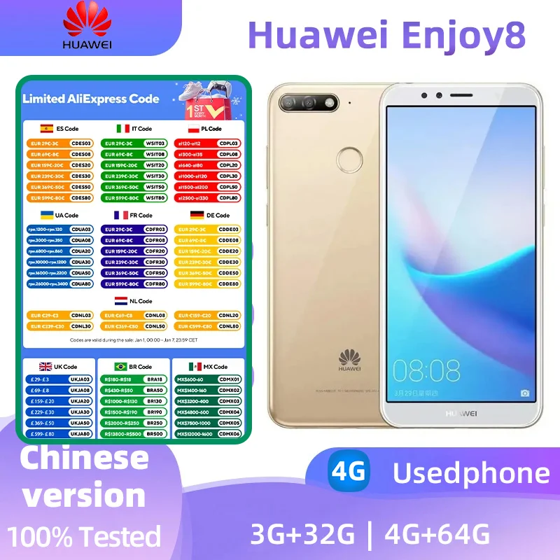 Huawei Enjoy8 4g SmartPhone CPU Qualcomm Snapdragon430 Battery Capacity 3000mAh 13MP Camera Original Used Phone