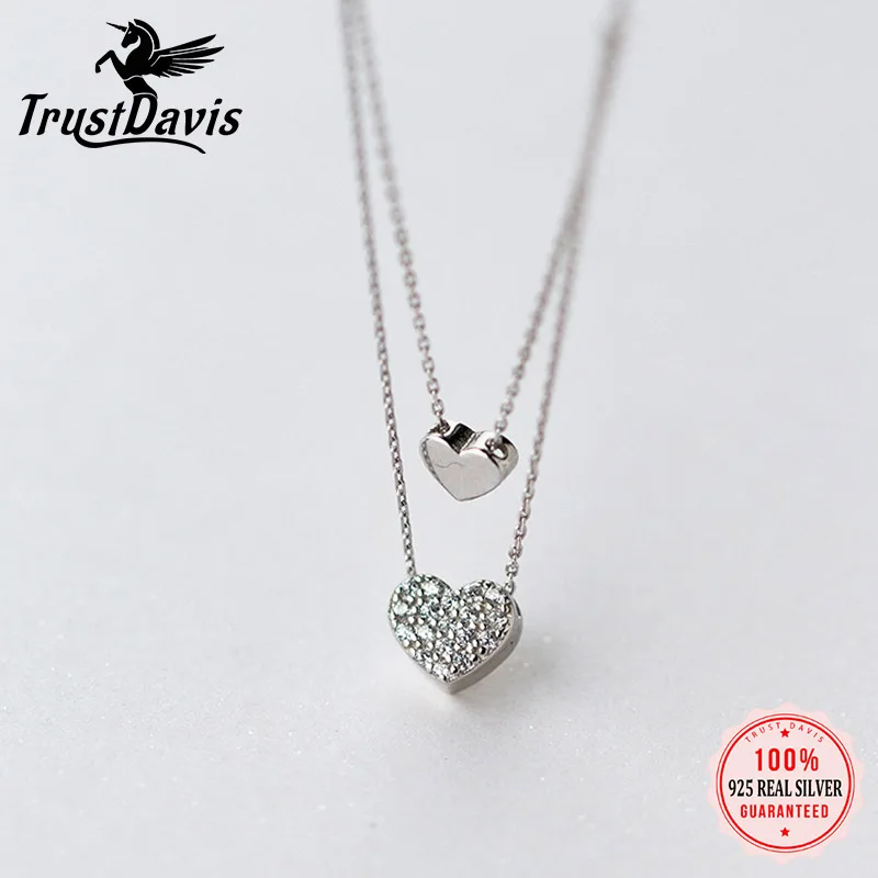 TrustDavis Real 925 Sterling Silver Fashion Romantic Double Heart Chain Necklace For Women Wedding Valentine's Day Jewelry DB296