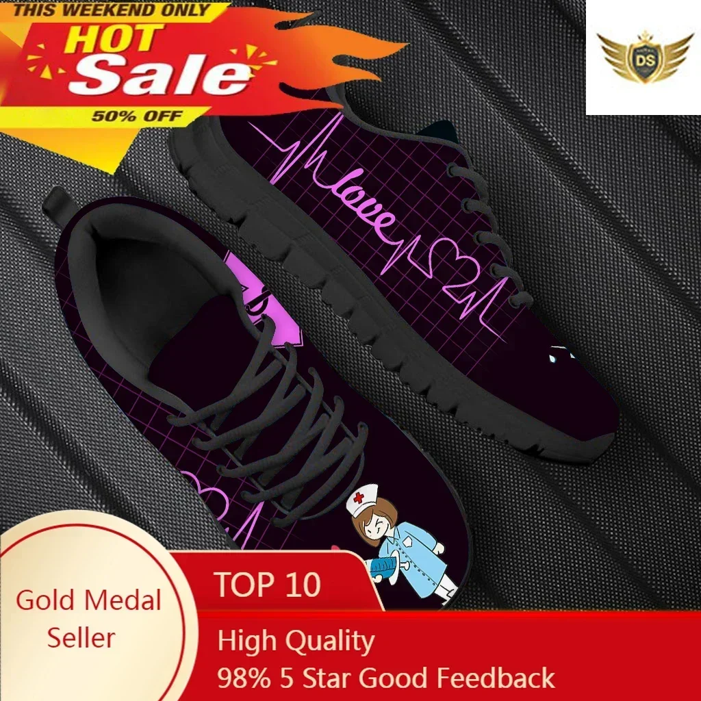 Kawaii Nurse Doctor Print Flat Shoes For Women Purple ECG Heart Beat Footwear Hospital Worker Zapatos De Mujer