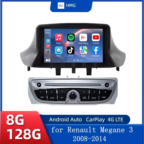 HMG 안드로이드 13 라디오 Renault Megane 3 2008-2014 차량용 멀티미디어 스테레오 GPS CarPlay 플레이어 Autoradio GPS Navi WIFI Carplay