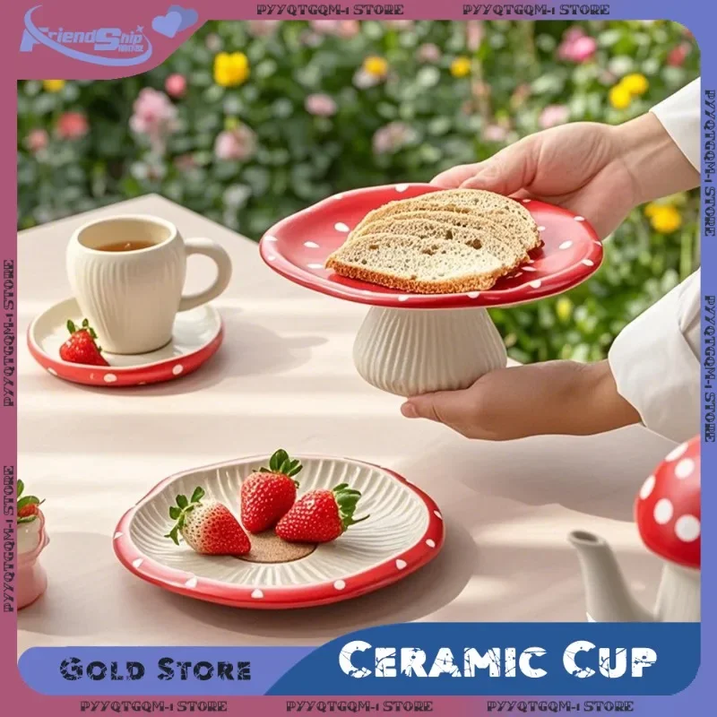 Taza de seta de dibujos animados, bonita taza de cerámica con mango y platillo, taza de café, taza de leche, hervidor de agua, vajilla para el hogar, utensilios de cocina