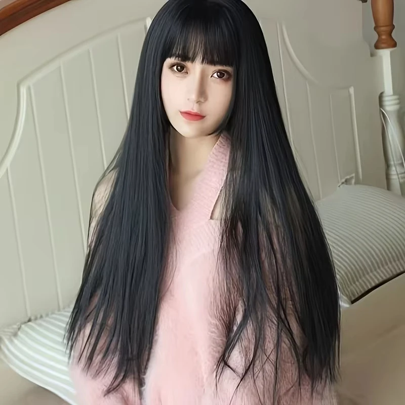 Peruca sintética de cabelo longo e reto preto para festa de Halloween peruca cosplay para uso diário, peruca acessório de cabelo de alta temperatura
