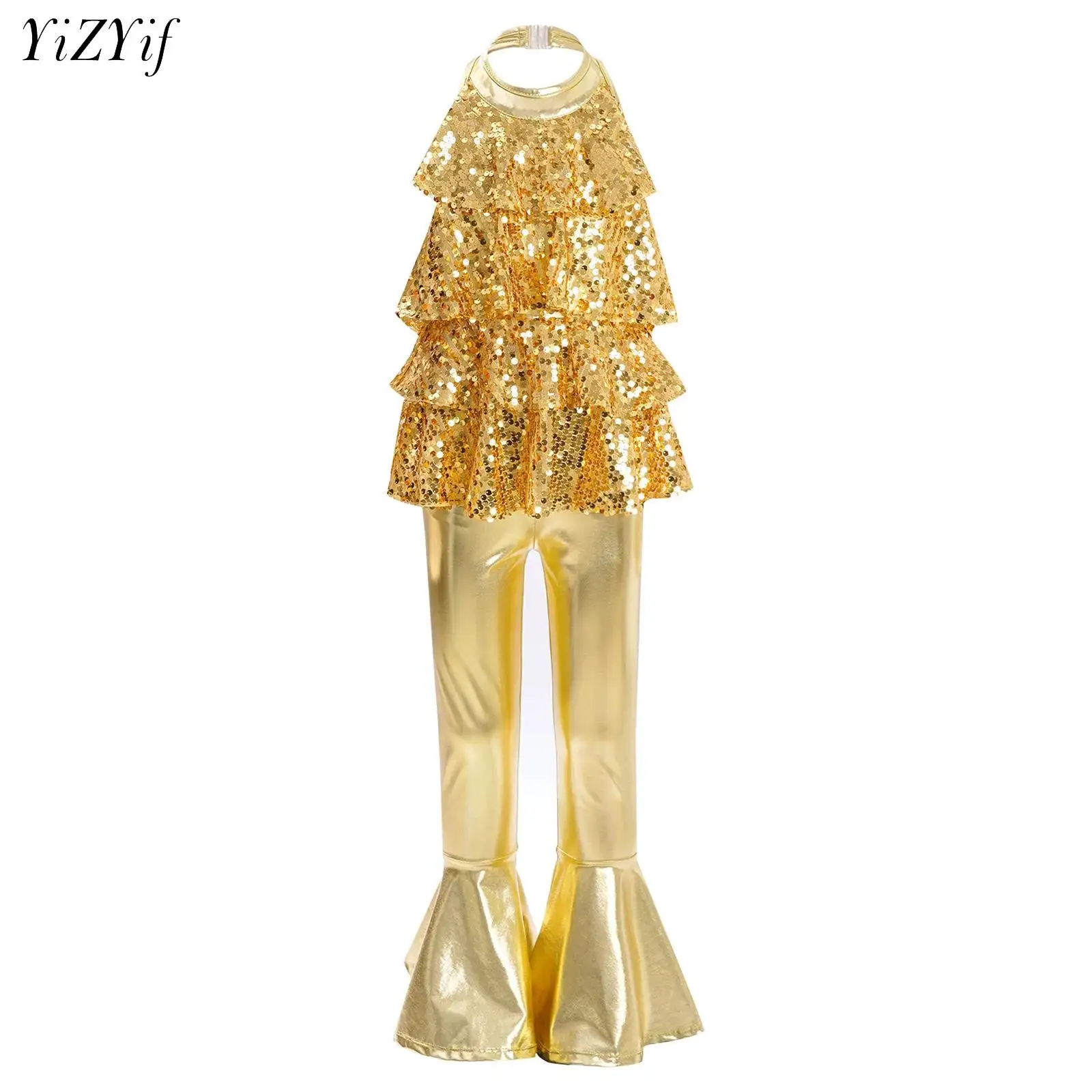

Kids Girls Halter Sequins Modern Jazz Dancewear Latin Ballet Dance Shorty Unitard Dress with Pants Stage Performance Costume