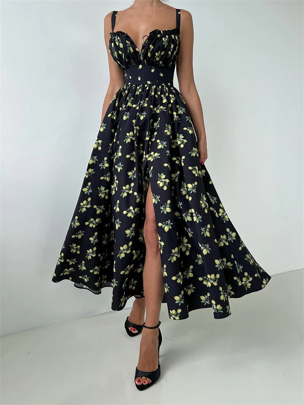 EINY Floral Split Women Long Dress Summer Sweet Lace Up American Fashion Vacation Dress Chic High Waist Camisole Casual Elegant