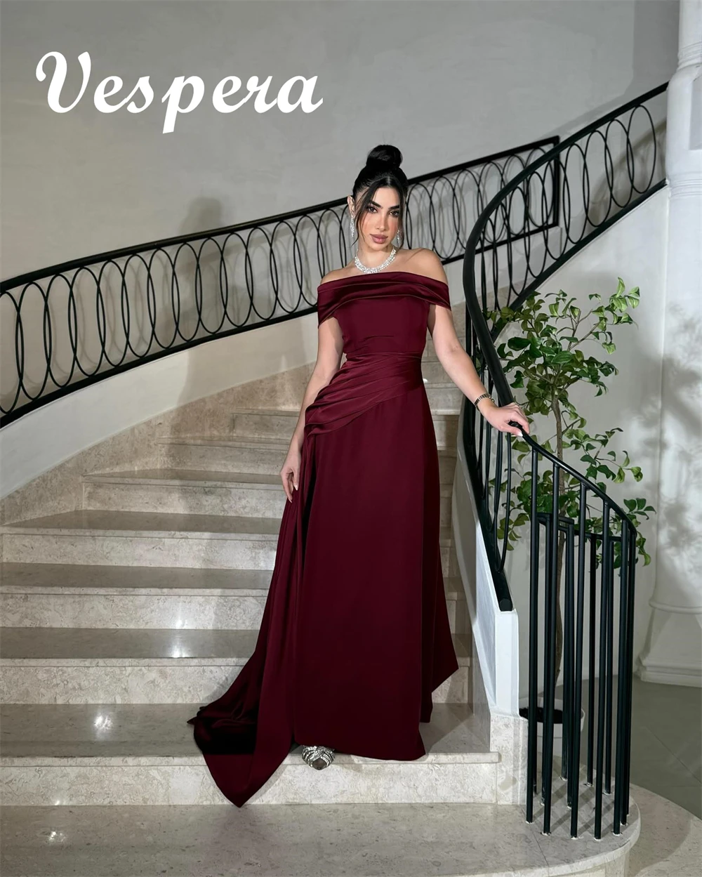 Customized Simple Burgundy Jersey Evening Dress Exquisite Off the Shoulder Prom Dresses Temperament Special Occasion Gowns