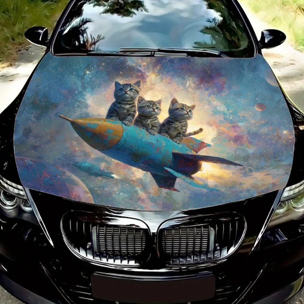 Rocket Cat Car Engine Cover Protective Film, Durable Ethylene Packaging Printed Stickers, DIY Waterproof Car Film, Suitable For