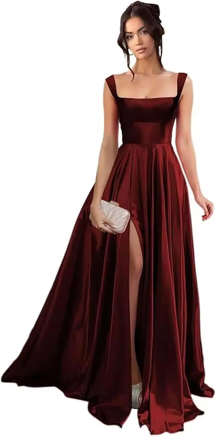 

Атласное женское элегантное танцевальное платье с квадратным воротником, длинное женское платье трапециевидной формы 2024, торжественное вечернее платье, коктейльное платье с разрезом