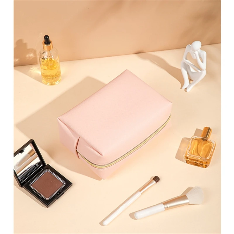 Women Waterproof Cosmetic Bag PU Leather Solid Color Makeup Pouch Travel Portable Wash Toiletry Storage Bag Organizer Purse