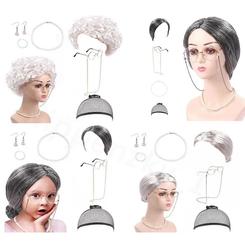 7 Uds. Conjunto de vestido de Cosplay de abuela y anciana, conjunto de disfraz de 100 días de escuela, accesorios para actuación en escenario de abuela, traje de juego de rol