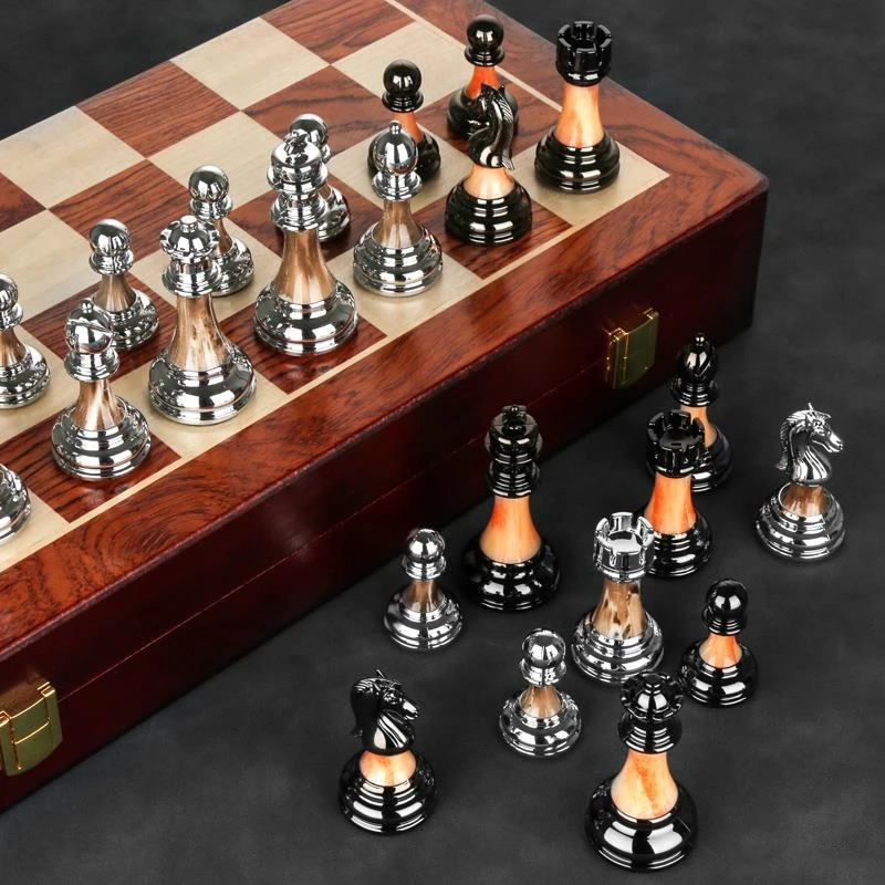 

High-End Wooden Chess Set with Metal Chess Pieces Wholesale Customizable Folding Game Board for Luxury Puzzles