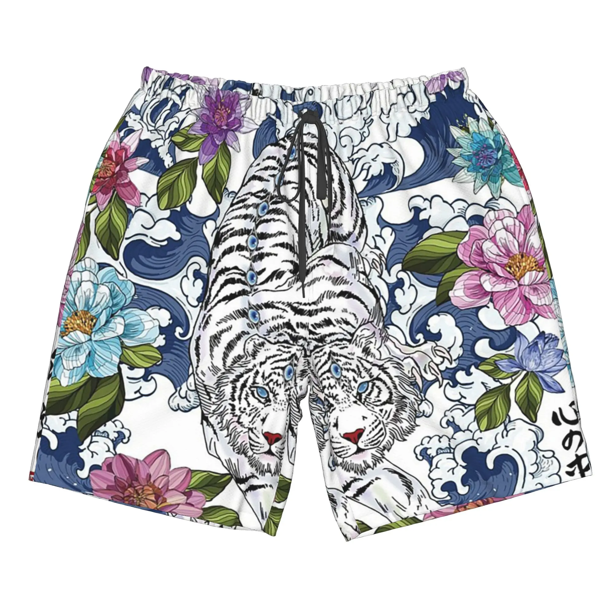 Serene Water Dance Japanese Tiger Lotus Flower Trunks Beach Board Shorts Casual Quick Dry Swimming Summer Men Pants
