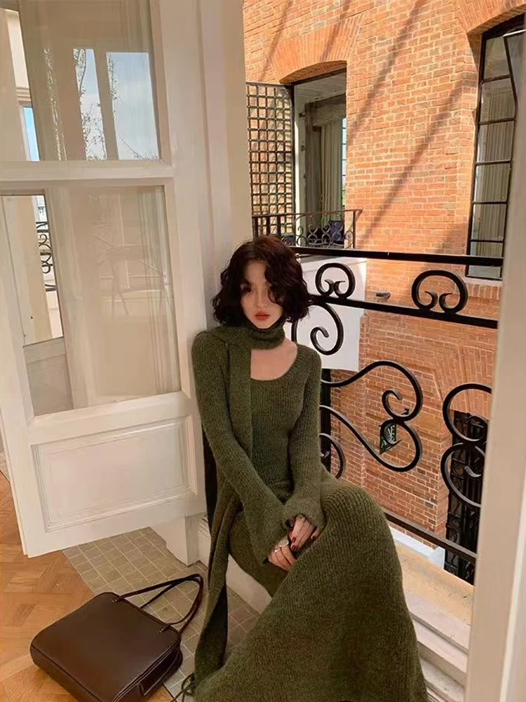 Robe mi-longue tricotée Vintage Y2K, Slim avec écharpe, manches longues, Streetwear coréen, Chic, assortie avec tout, automne