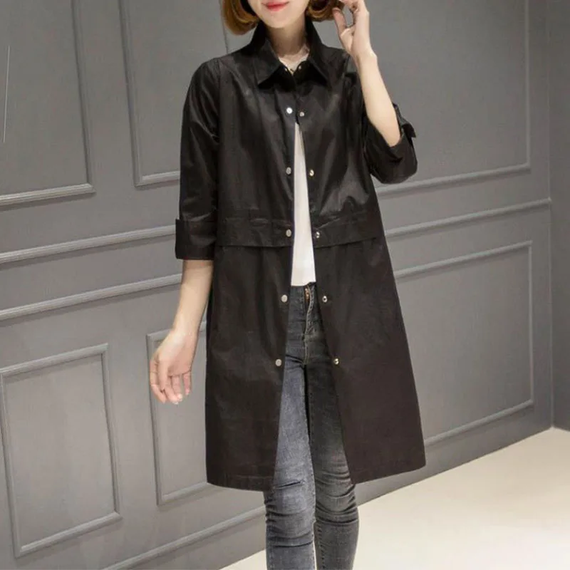 Women\'s Mid length Spring Autumn Female Windbreaker Loose Female Single Breasted Lapel Versatile Trench Coat Outerwer