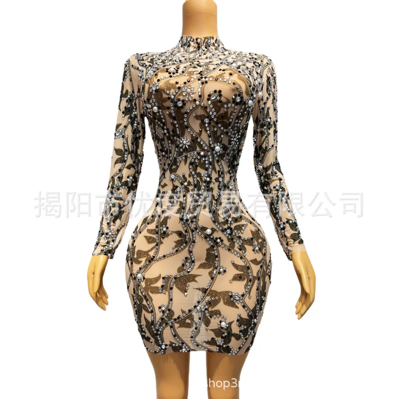 البرية لامعة مثير منظور شبكة حجر الراين فستان عيد ميلاد كوكتيل حفلة تنورة أداء فستان أسود ورقة حجر الراين فساتين