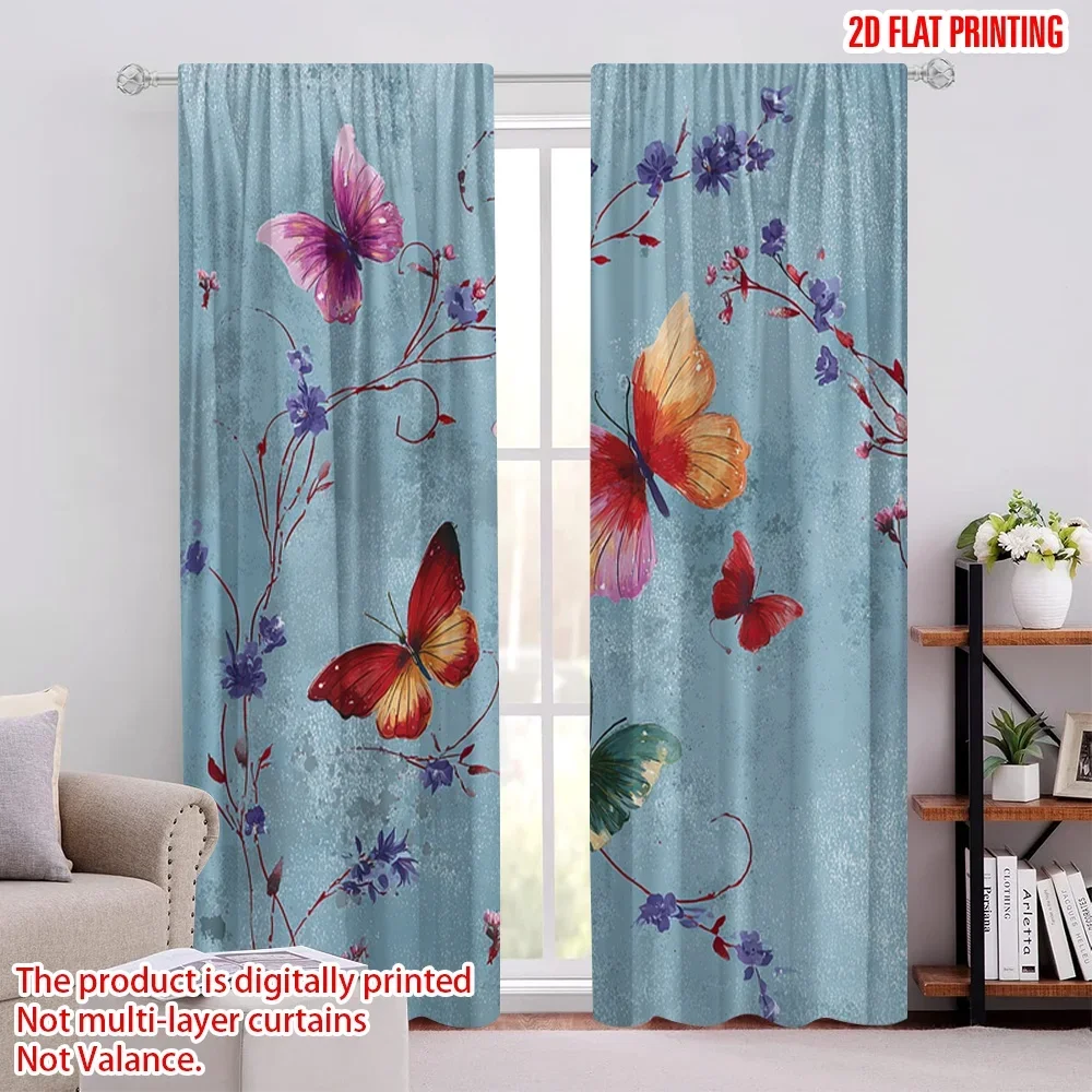 Decorative Butterfly Floral Blue Digital Print Curtains Pair 2pcs Window Drapes Style Curtain Panel Home Decoration