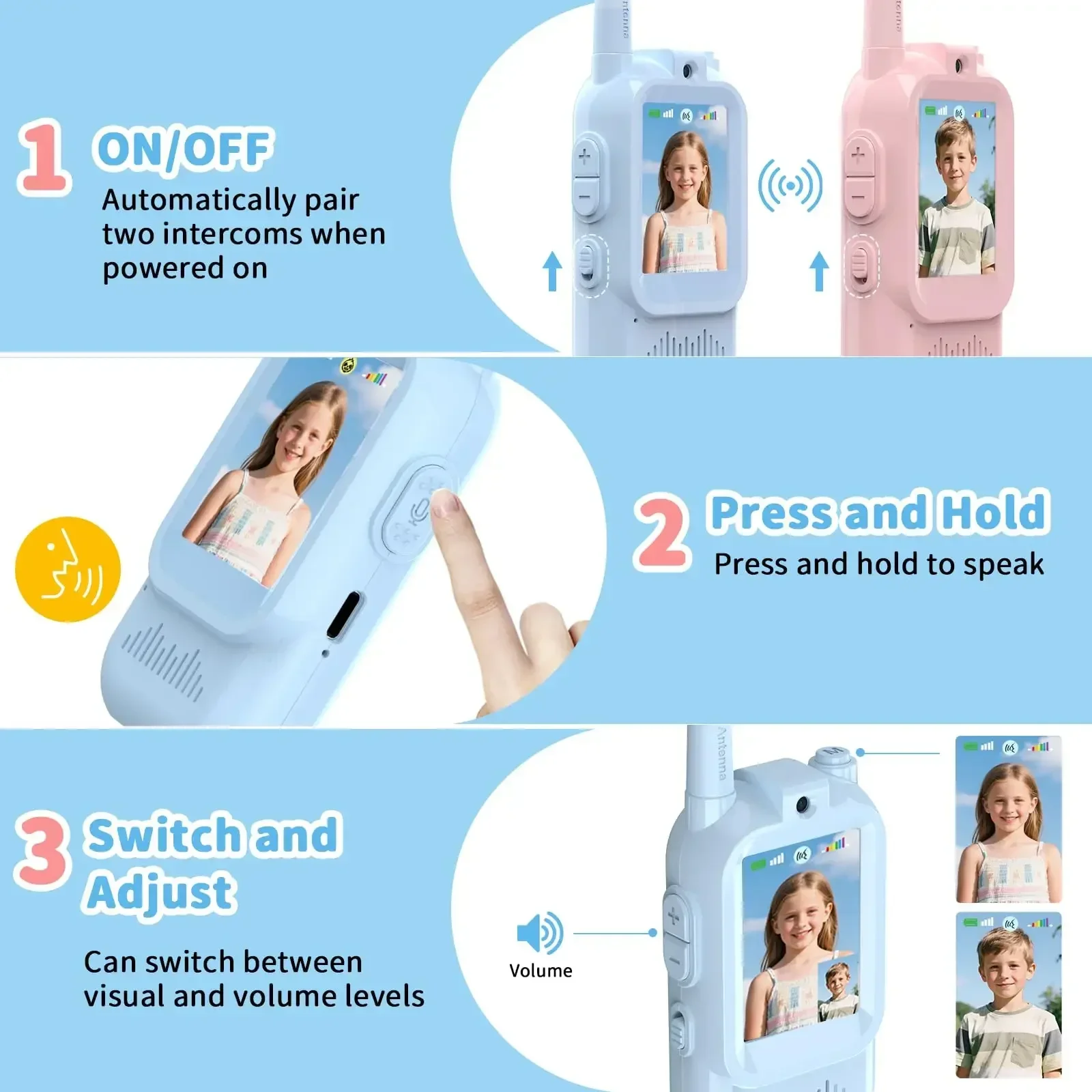 2 Stück Video-Walkie-Talkies für Kinder, wiederaufladbares Kleinkindspielzeug für Indoor-Camping, Reisen, Geburtstagsgeschenke für Kinder im Alter von 3–12 Jahren