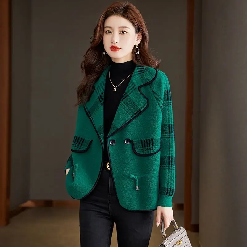 High-end Faux Tweed Jacket Women Spring Autumn Short Coat Korean Fashion Tops Long Sleeve Lace-up Office Ladies Outerwear Trend