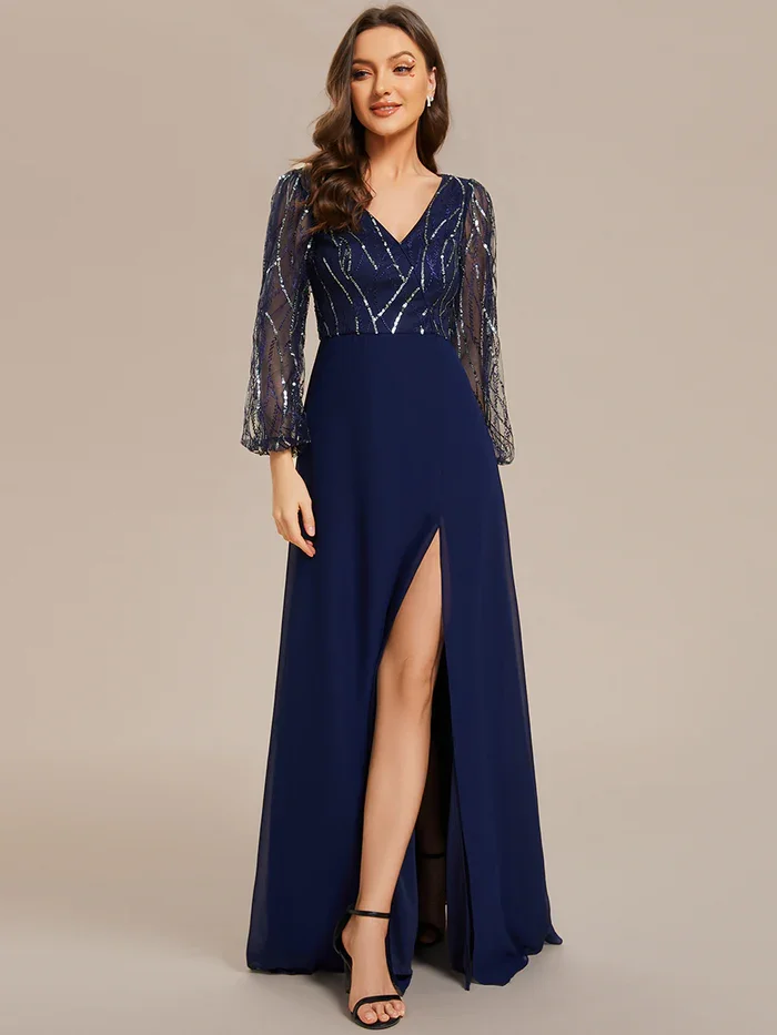 Ever Pretty sequin See-through Long Sleeves High Slit Chiffon A-Line party, prom, weddingEvening Dress